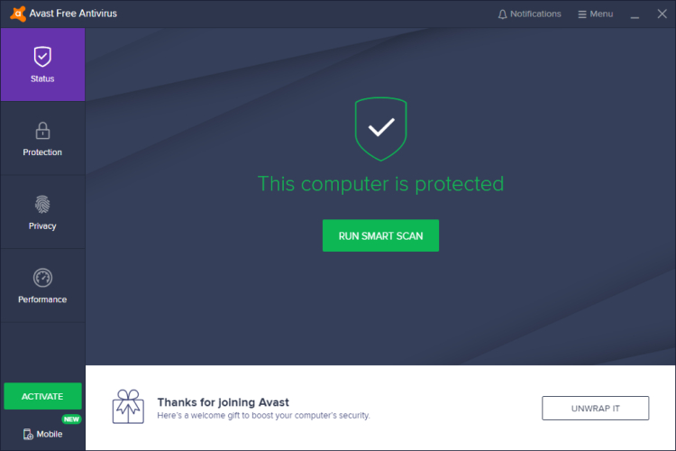 Avast Free Antivirus, écran principal.